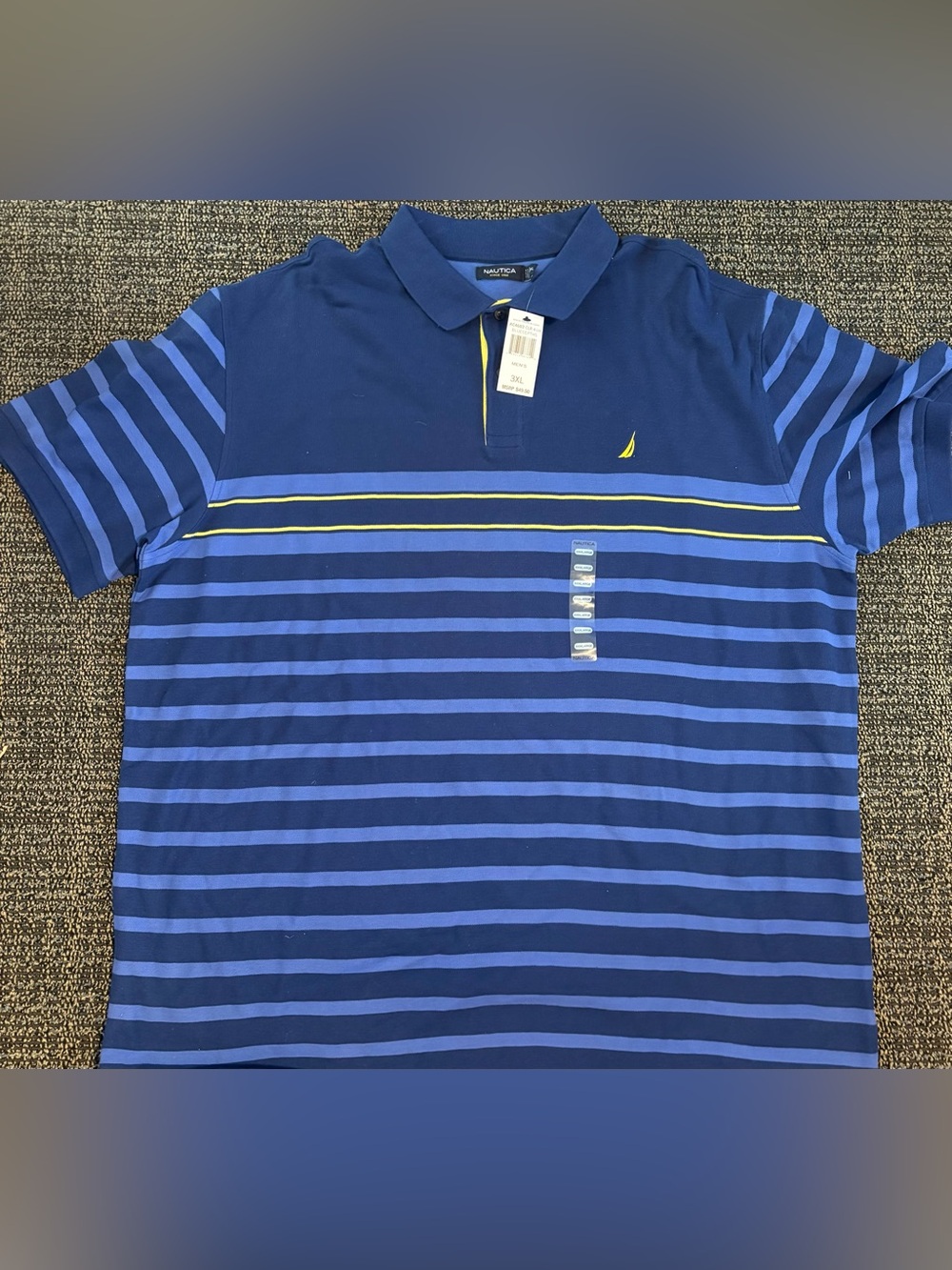 Nautica Men's Navy and Royal Blue Striped Polo with Yellow Accent